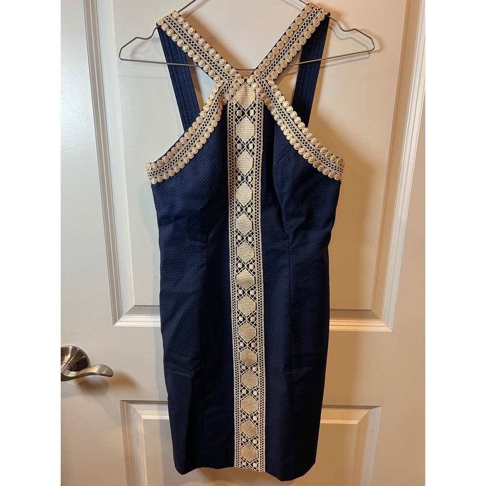 Lilly Pulitzer Womens Dress Gold Lace Trim Navy Blue Size 00
